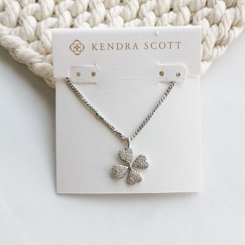 Authentic Kendra Scott Clover Silver White Crystal Short Pendant Necklace